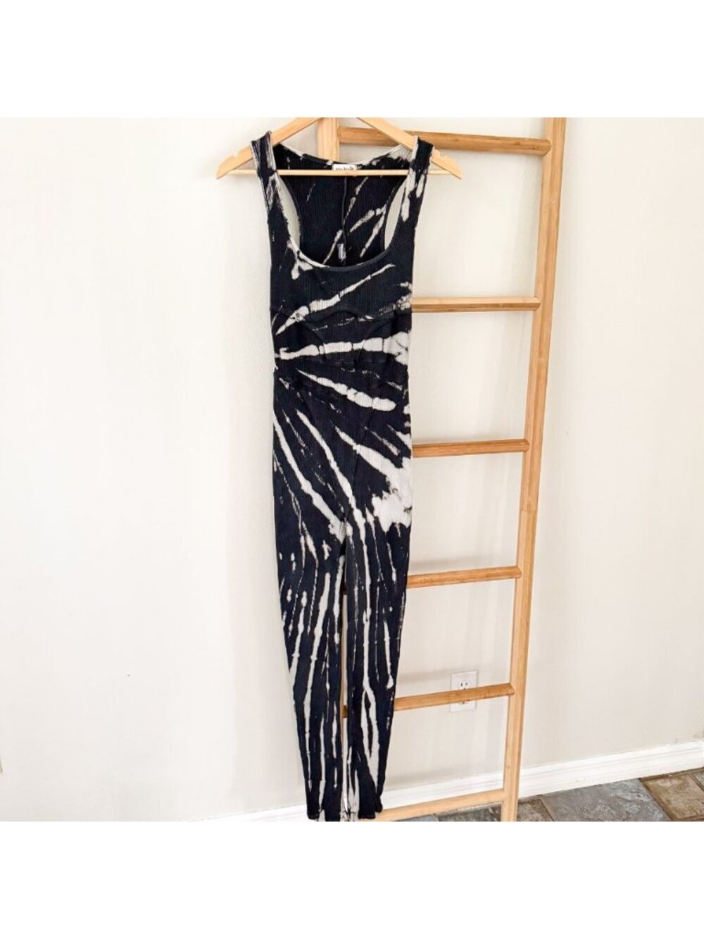 Madrag 2X Black White Tie Dye Ribbed Sleeveless Stretch Jumpsuit Racerback